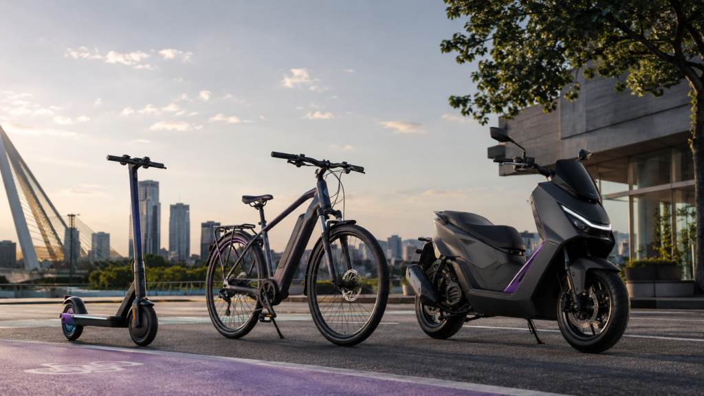 Patinete elétrico, bicicleta elétrica e moto elétrica em cenário urbano, comparando as categorias das novas regras de trânsito