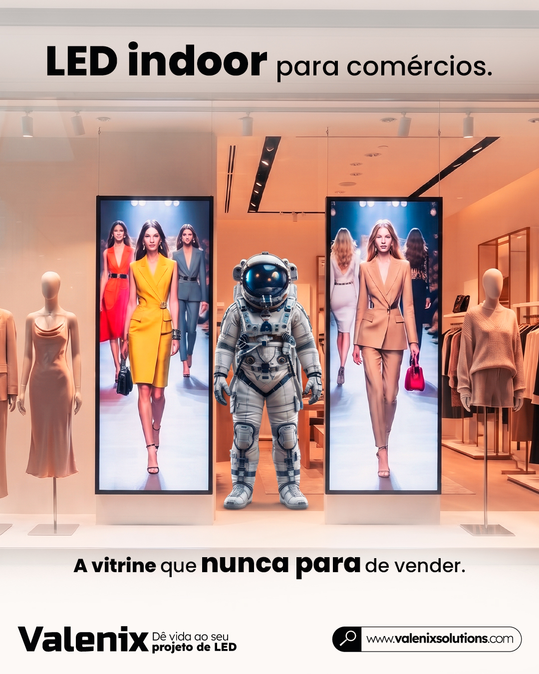 Painel de LED Valenix em ambiente comercial transmitindo conteúdo em alta definição